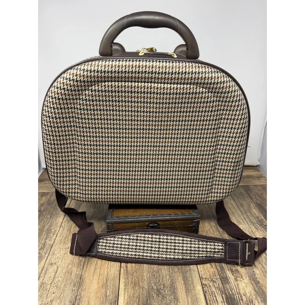 Gabbiano Houndstooth Travel Vanity Case Brown Tan Beauty Makeup Bag Mirror